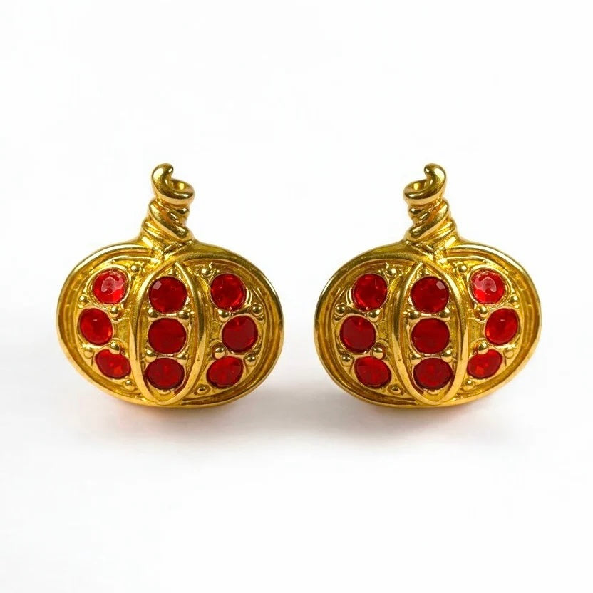 VINTAGE AVON PUMPKIN EARRINGS RED RHINESTONES