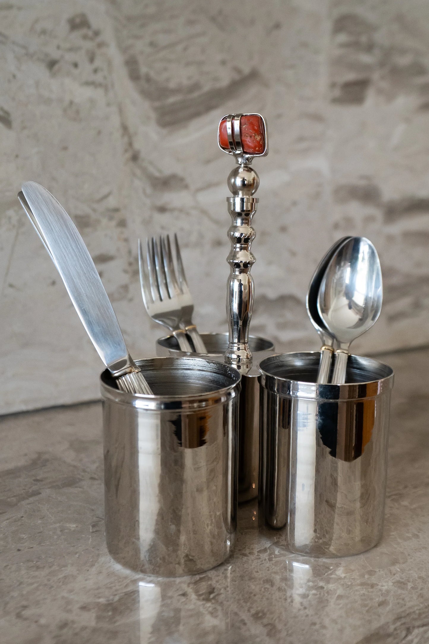 SILVER CUTLERY HOLDER WITH NATURAL STONE