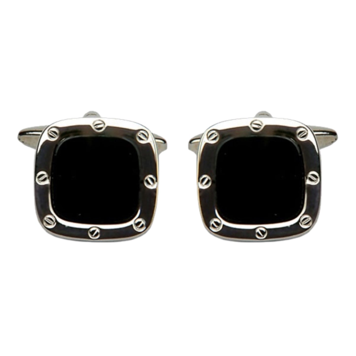 ONYX PORT HOLE RHODIUM CUSHION CUFFLINKS