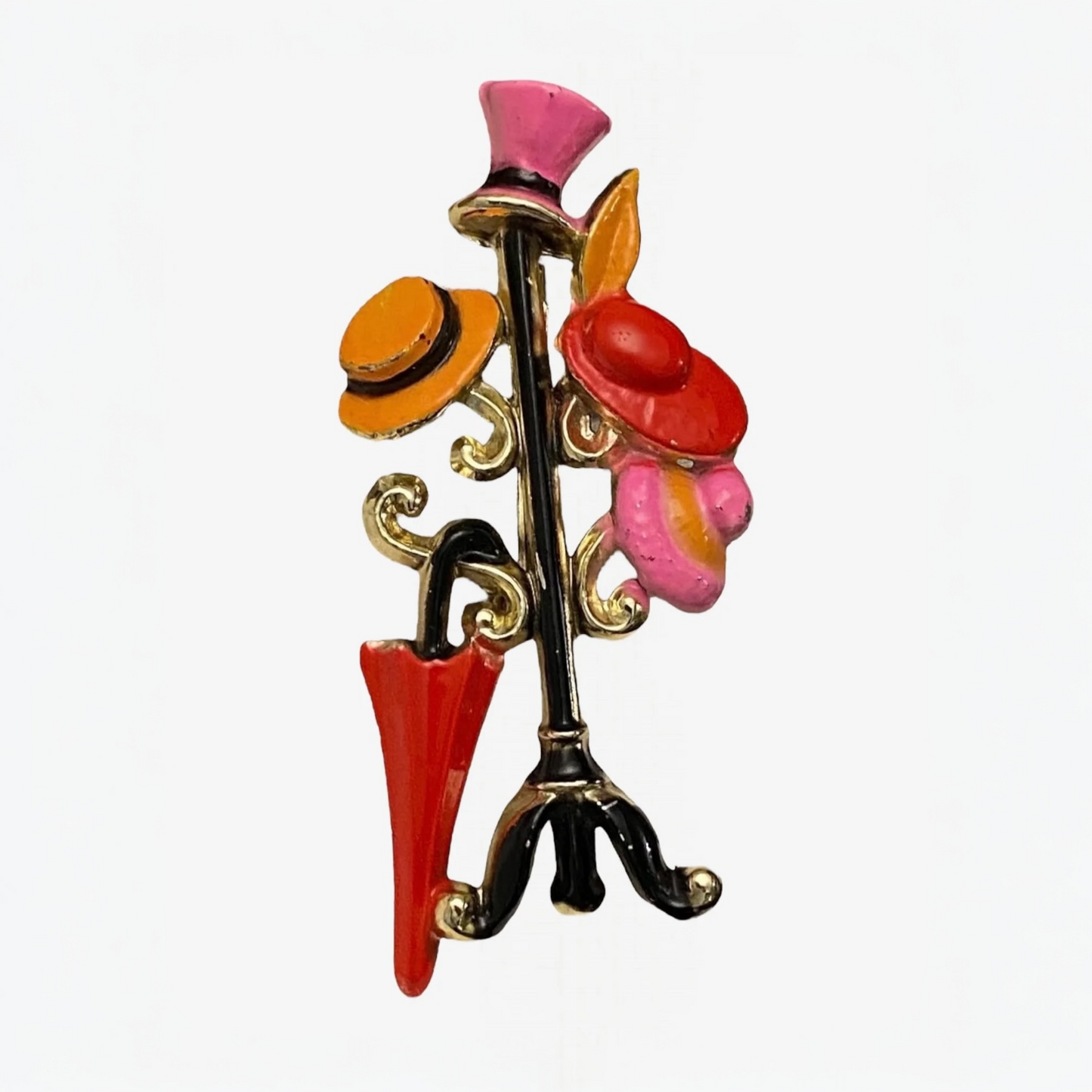 VINTAGE ENAMEL HAT AND UMBRELLA STAND BROOCH UNSIGNED