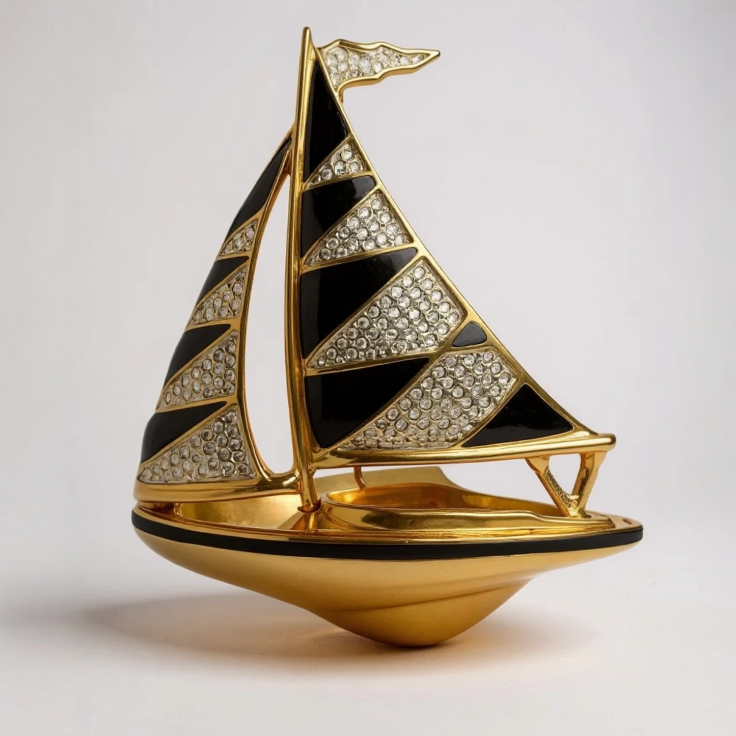 VINTAGE SIGNED SWAROVSKI GOLD PLATED SAILBOAT BROOCH WITH CRYSTALS AND ENAMEL