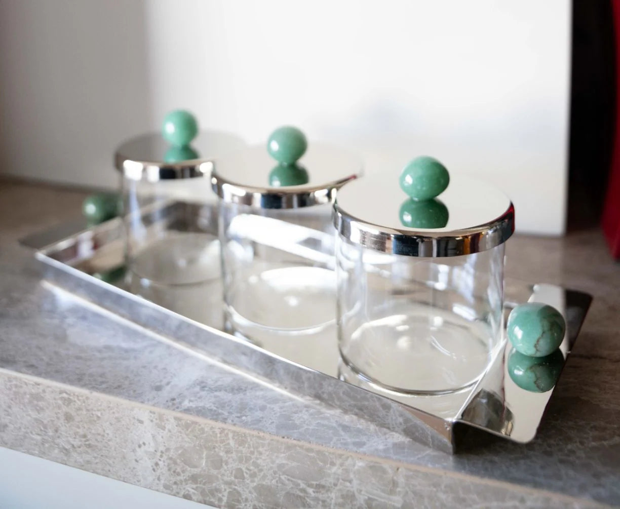 SILVER TRAY WITH THREE GLASS JARS WITH NATURAL STONES