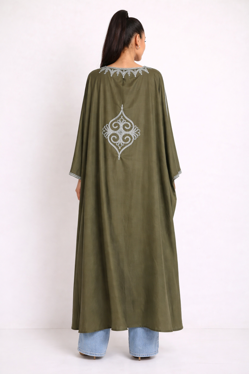 OLIVE COTTON ABAYA WITH SILVER EMBROIDERY