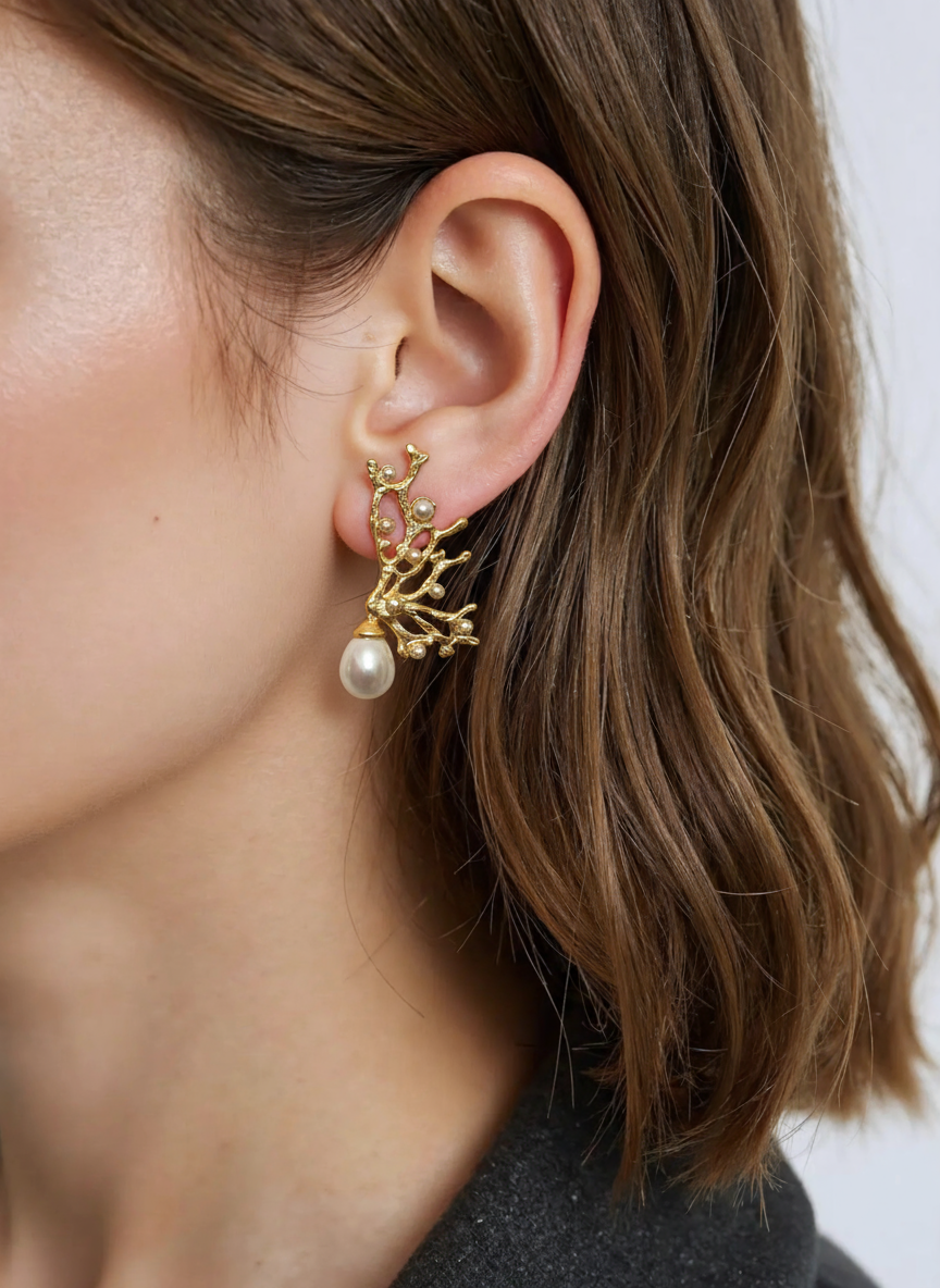 GOLDEN BRANCH PEARL EARRINGS