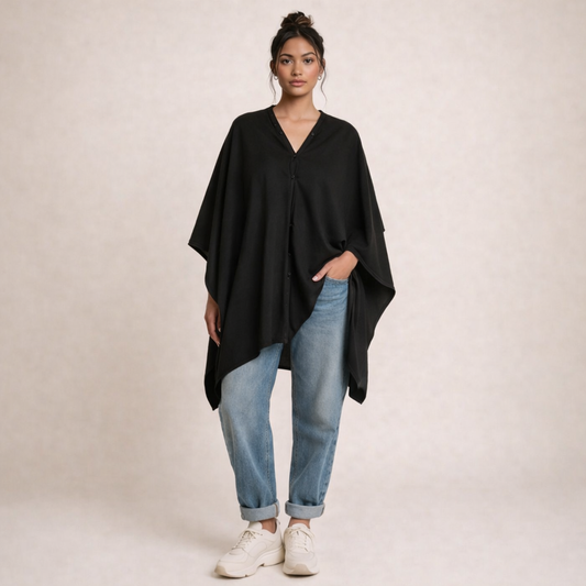 BLACK ENGLISH WOOL EMBROIDERED PONCHO