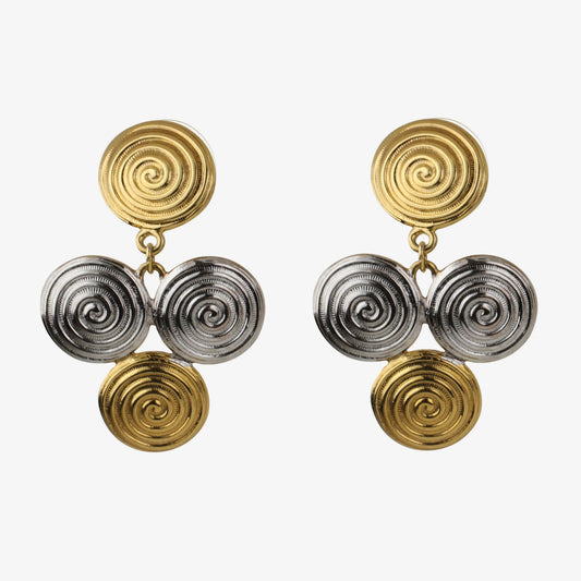 SPIRAL DROP DANGLE GOLD AND RHODIUM PLATED CLIP ON EARRINGS