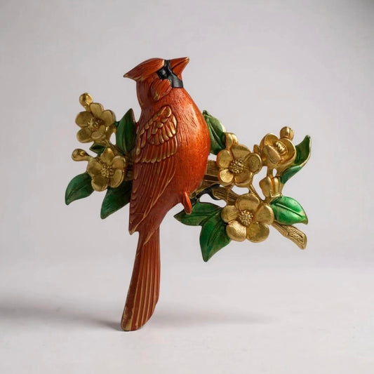 VINTAGE JJ SIGNED ENAMEL CARDINAL BIRD BROOCH WITH YELLOW FLOWERS