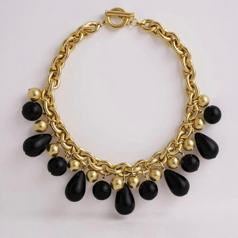GIVENCHY RUNWAY BLACK AND GOLD TONE BEADED TEARDROP CHOKER
