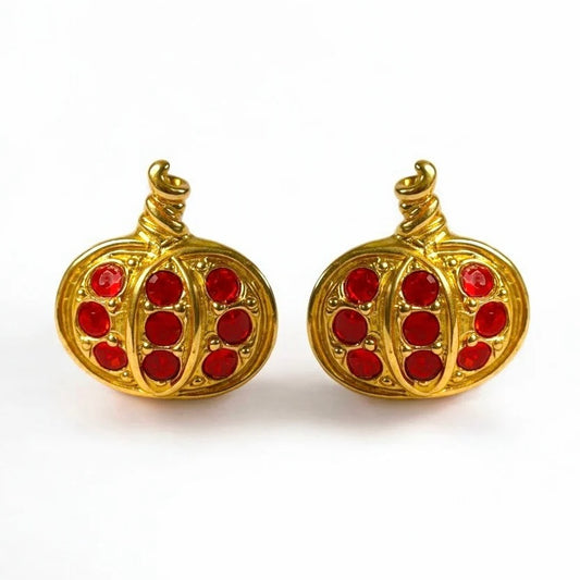 VINTAGE AVON PUMPKIN EARRINGS RED RHINESTONES