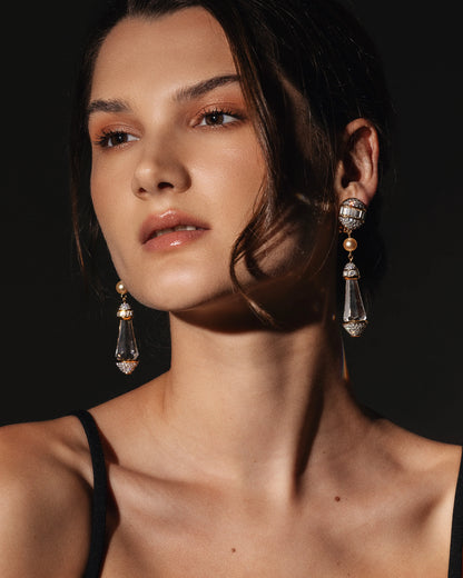 RARE LARGE VINTAGE SWAROVSKI PRISM DROP CLIP EARRINGS ACCENTED WITH FAUX PEARLS