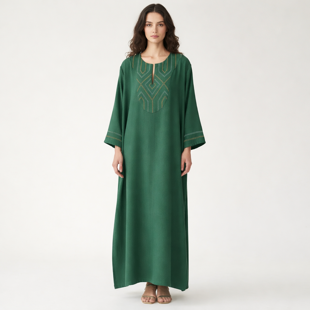 GREEN GALABEYA WITH GOLD EMBROIDERY