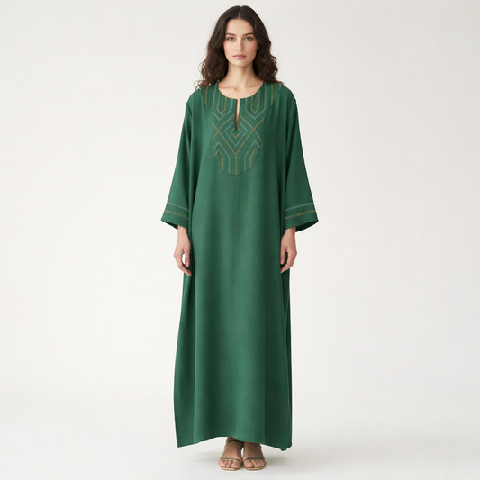 GREEN GALABEYA WITH GOLD EMBROIDERY