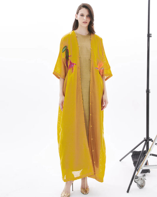 BIRD OF PARADISE ON MUSTARD ABAYA