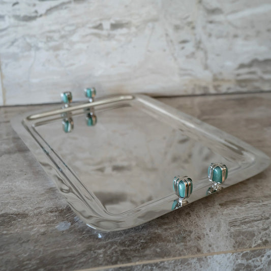 SILVER RECTANGULAR TRAY WITH NATURAL STONE