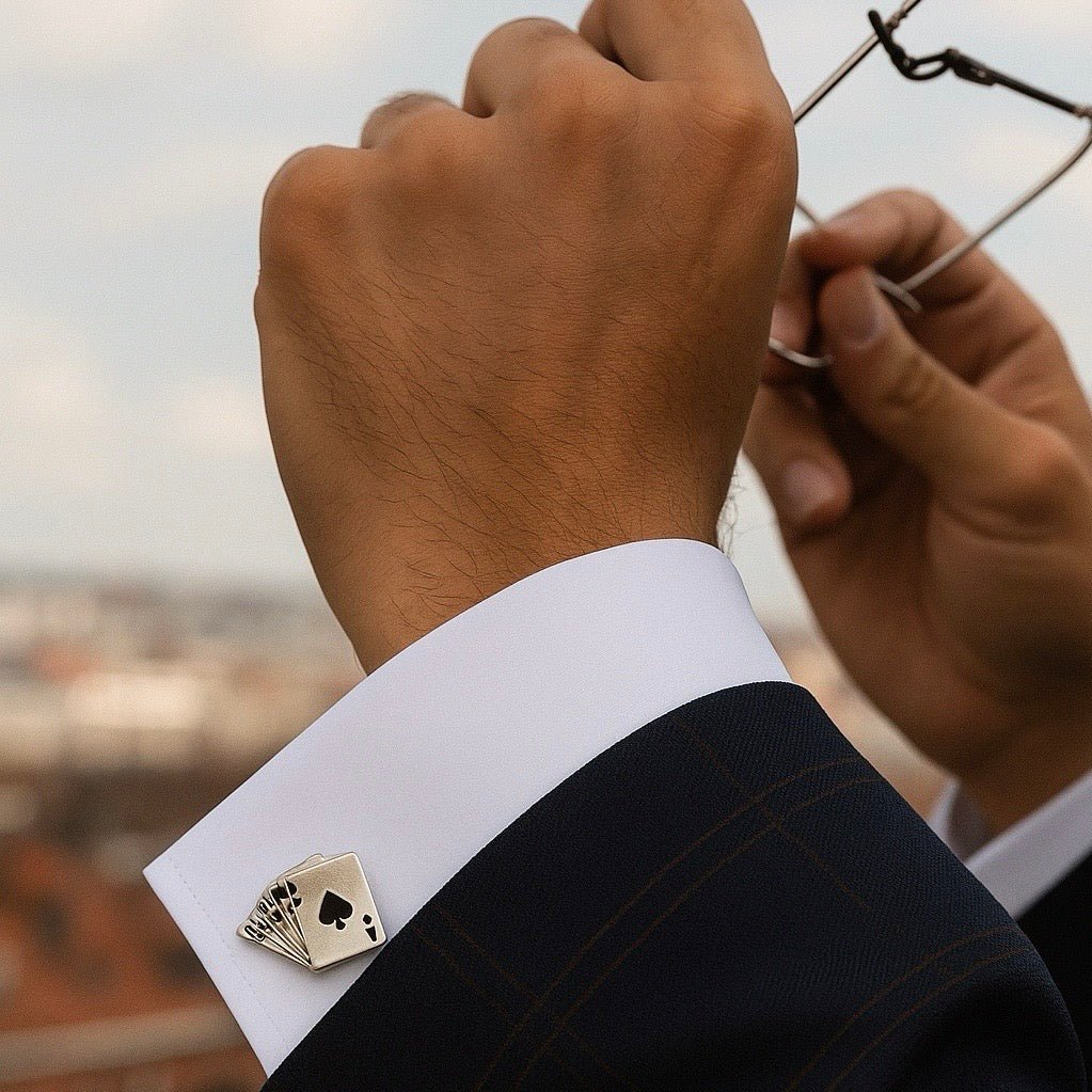 FAN OF SPADES CARDS RHODIUM PLATED CUFFLINKS