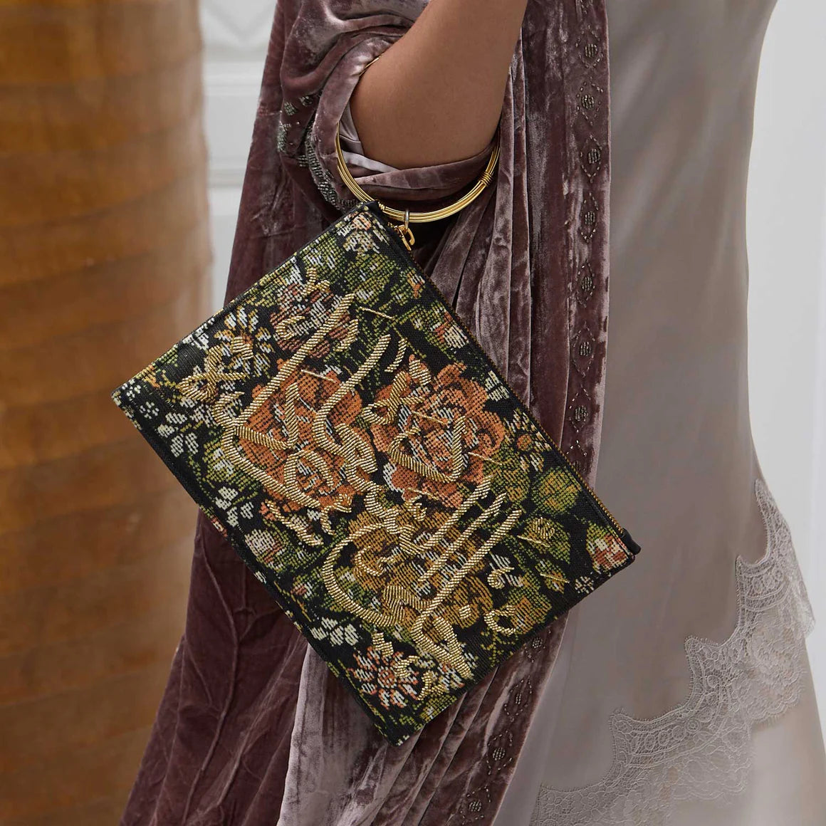HAPPINESS GOLD ON MEXICAN FLORAL POUCH
