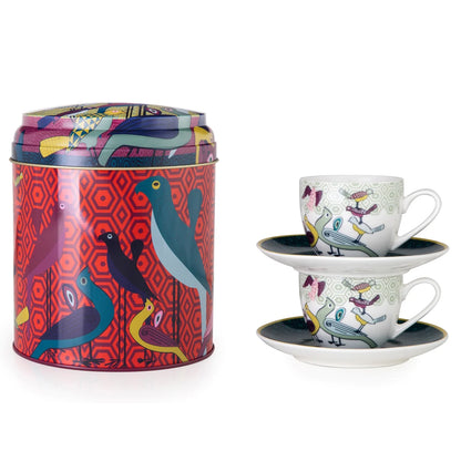 TIN BOX WITH 2 COFFEE CUPS AND SAUCER BIRDS OF PARADISE 90 ML