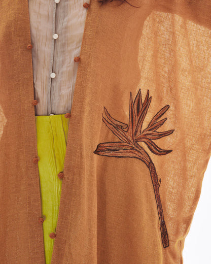 MONOCHROME BIRD OF PARADISE ON RUST ABAYA