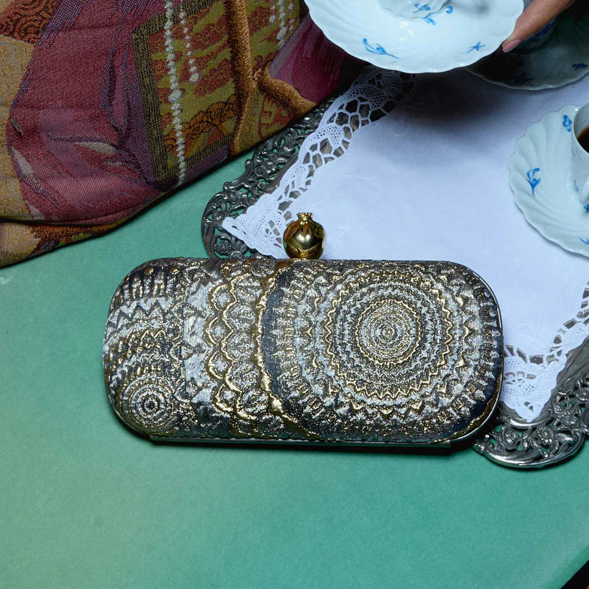 POMEGRANATE ON SUNBURST BROCADE BIG BOX CLUTCH