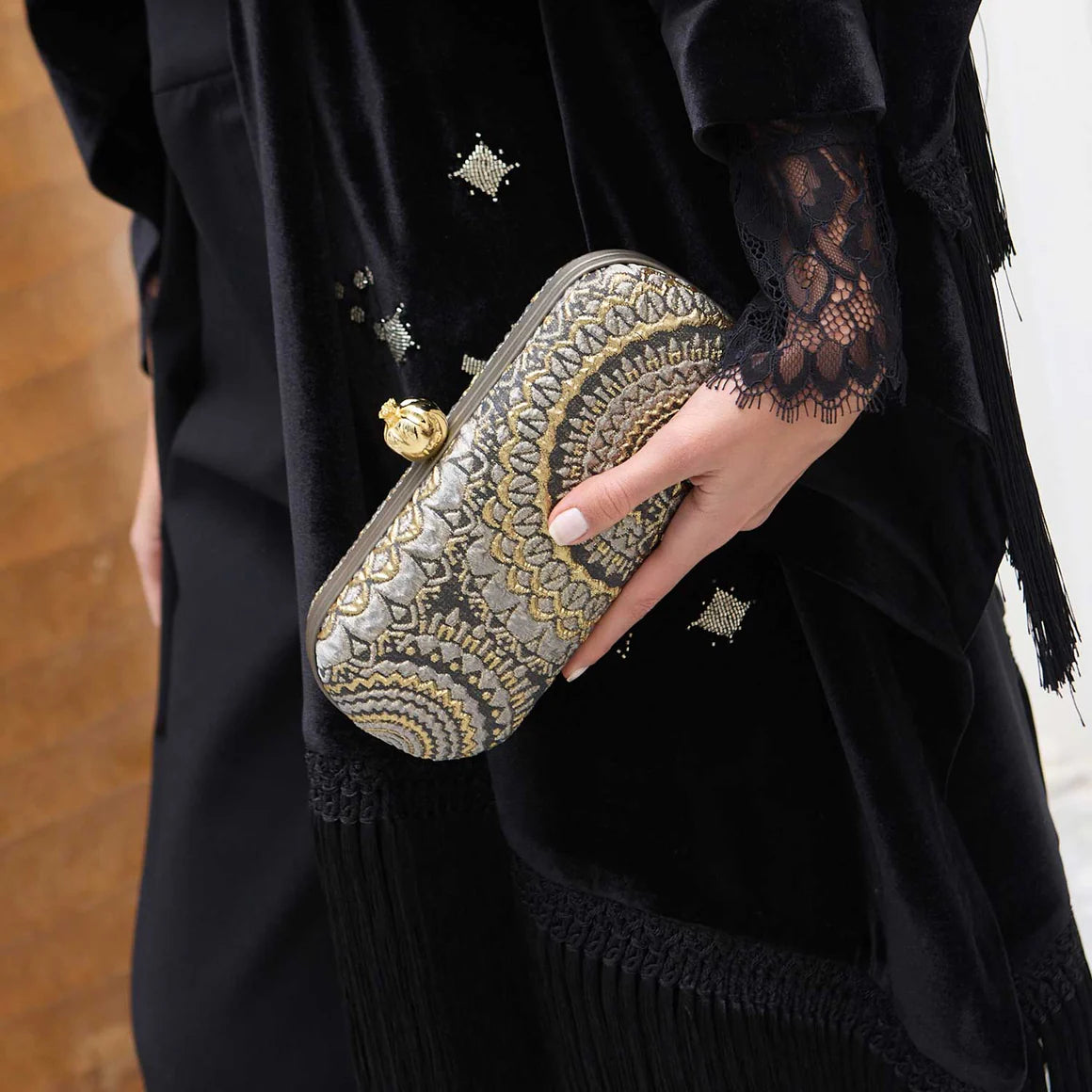 POMEGRANATE ON SUNBURST BROCADE BIG BOX CLUTCH