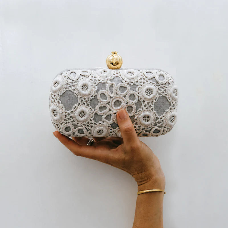 POMEGRANATE WITH CROCHET ON SILVER BOX CLUTCH