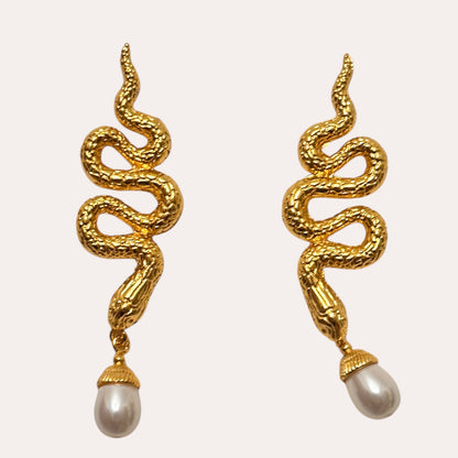 GOLDEN SERPENT PEARL DROP EARRINGS