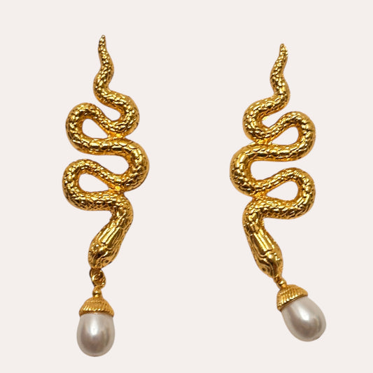 GOLDEN SERPENT PEARL DROP EARRINGS