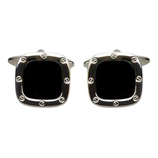 ONYX PORT HOLE RHODIUM CUSHION CUFFLINKS