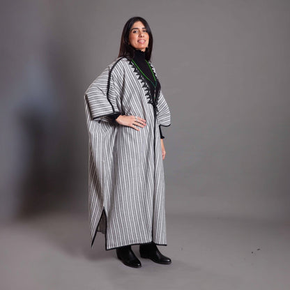GREY STRIPPED LINEN WITH BLACK EMBROIDERY ABAYA