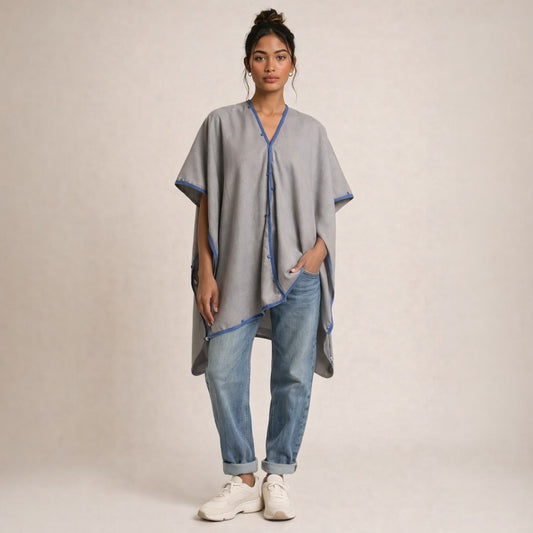 GREY ENGLISH WOOL PONCHO WITH TURQUOISE EMBROIDERY