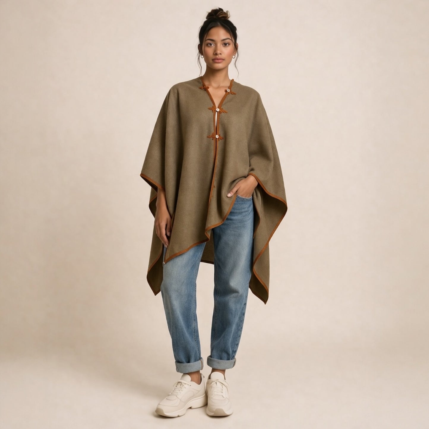 KHAKI WOOL PONCHO WITH BRONZE KOTTAN EMBROIDERY
