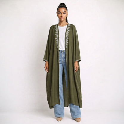 OLIVE COTTON ABAYA WITH SILVER EMBROIDERY