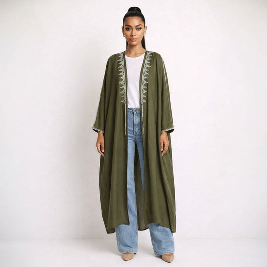 OLIVE COTTON ABAYA WITH SILVER EMBROIDERY