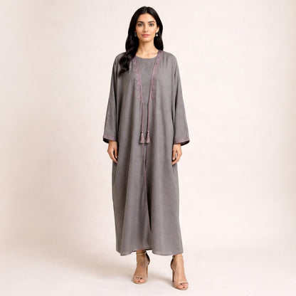 COFFEE GREY ABAYA WITH CASHMERE EMBROIDERY