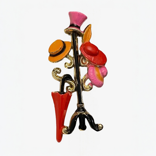 VINTAGE ENAMEL HAT AND UMBRELLA STAND BROOCH UNSIGNED