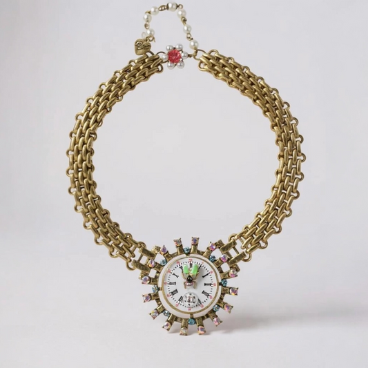 VINTAGE TIME FLIES CHUNKY ANTIQUE GOLD TONE NECKLACE