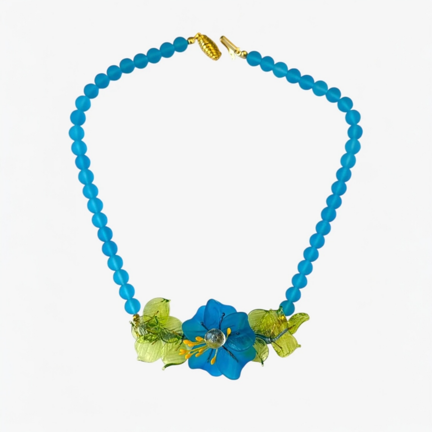 VINTAGE MADE BLUE FROSTED ITALIAN MURANO GLASS BEAD AND FLOWER NECKLACE