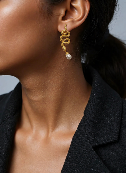 GOLDEN SERPENT PEARL DROP EARRINGS