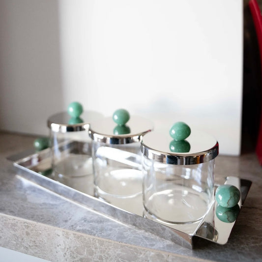 SILVER TRAY WITH THREE GLASS JARS WITH NATURAL STONES
